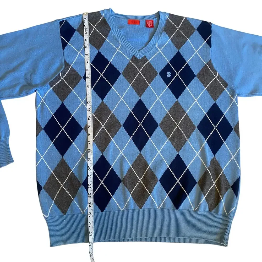 Vintage 90s Y2K Izod Diamond V-Neck Blue Sweater Size XL 100% Cotton Preppy